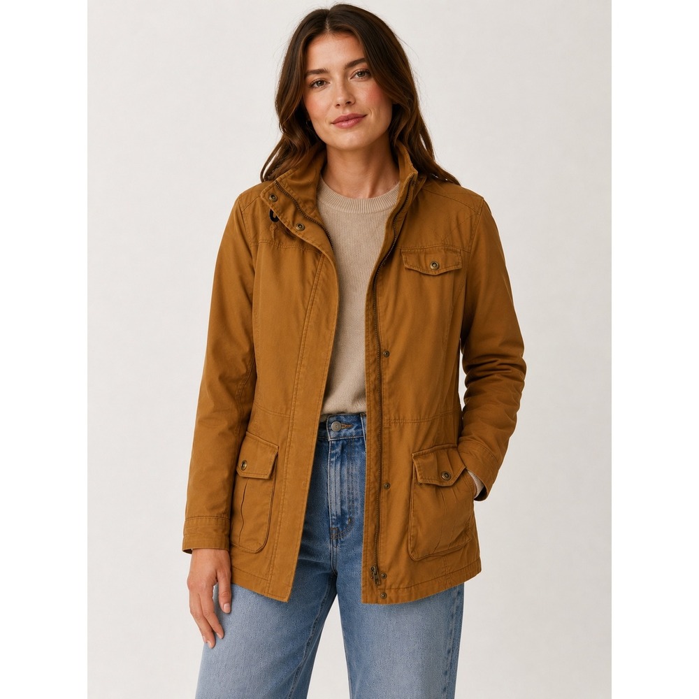 LL Bean Womens Large Utility Field Jacket Brown Quilted Cotton Barn Coat
